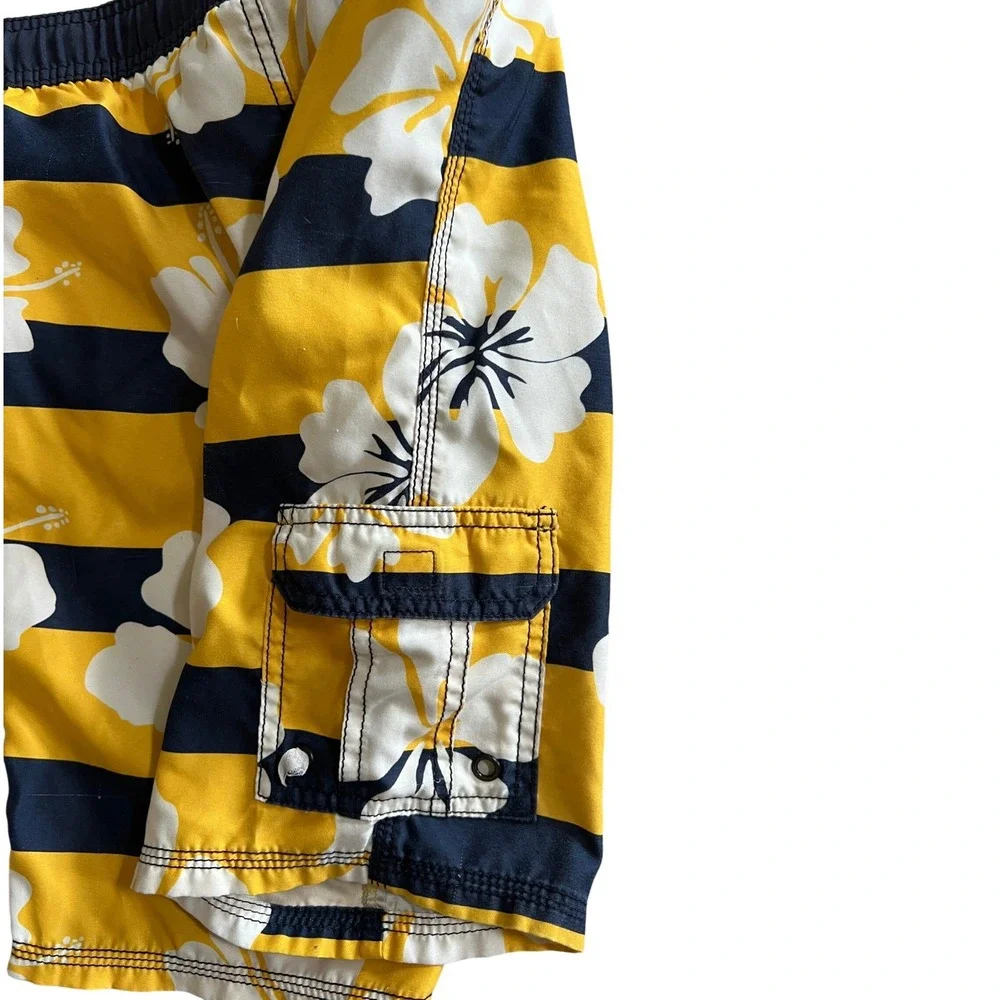 Gymboree Swim Trunks Size 7 Yellow Navy Blue Excellent Hibiscus Striped Cargo